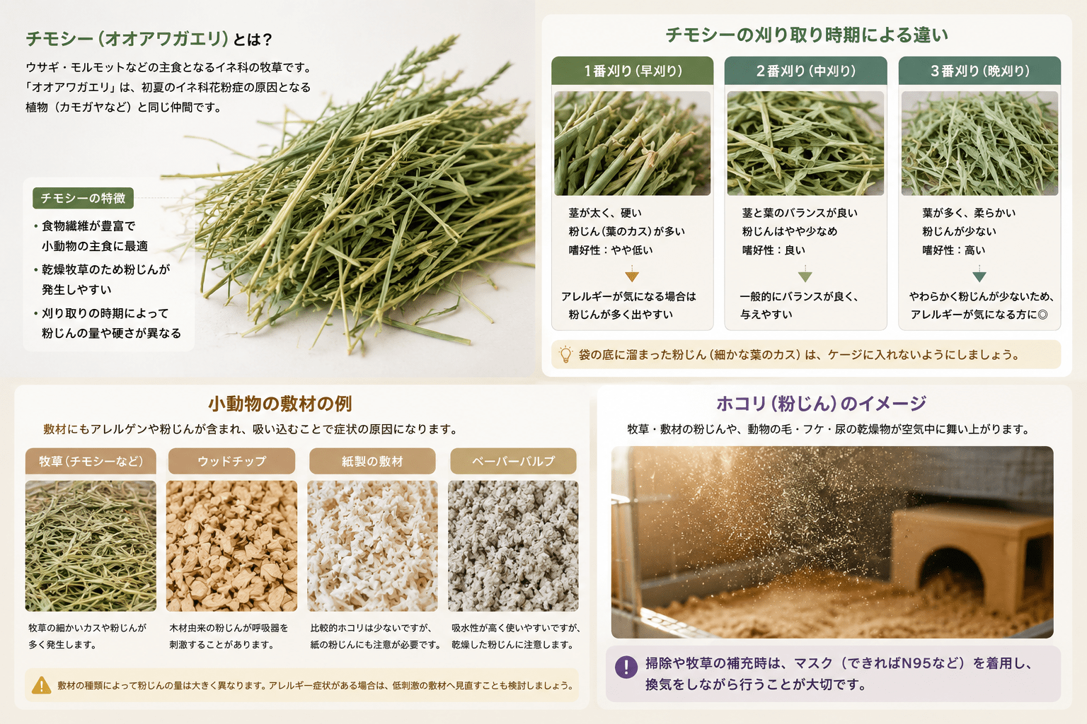 ウサギ、ハムスター、モルモットと、チモシー、敷材、ホコリなどの飼育環境がアレルギー症状に関係することを示した図
