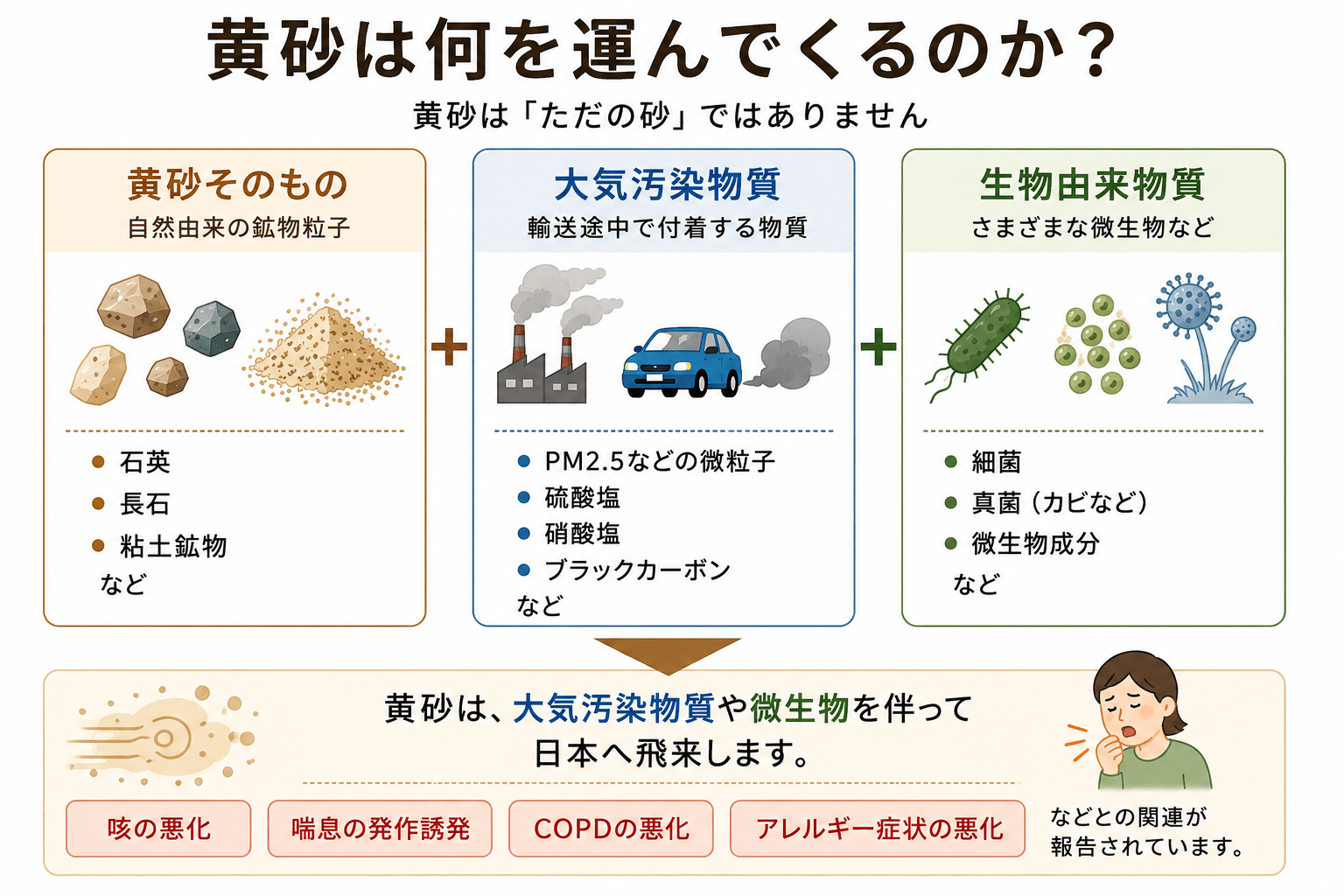 黄砂が鉱物粒子、大気汚染物質、生物由来物質を伴って飛来することを示した図